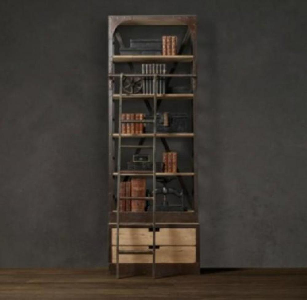 Hohes Bücherregal mit Leiter im Industrial Style | Schränke / Regale | Industrial Style | Vintage, Art Deco | Möbel